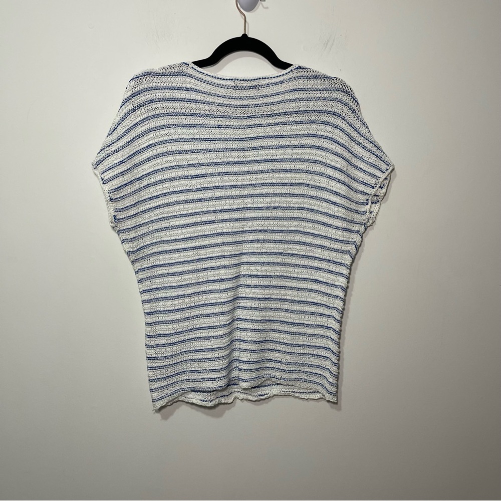 Lauren Ralph Lauren Blue White Striped Open Knit Short Sleeve coastal Top MP - Picture 6 of 9